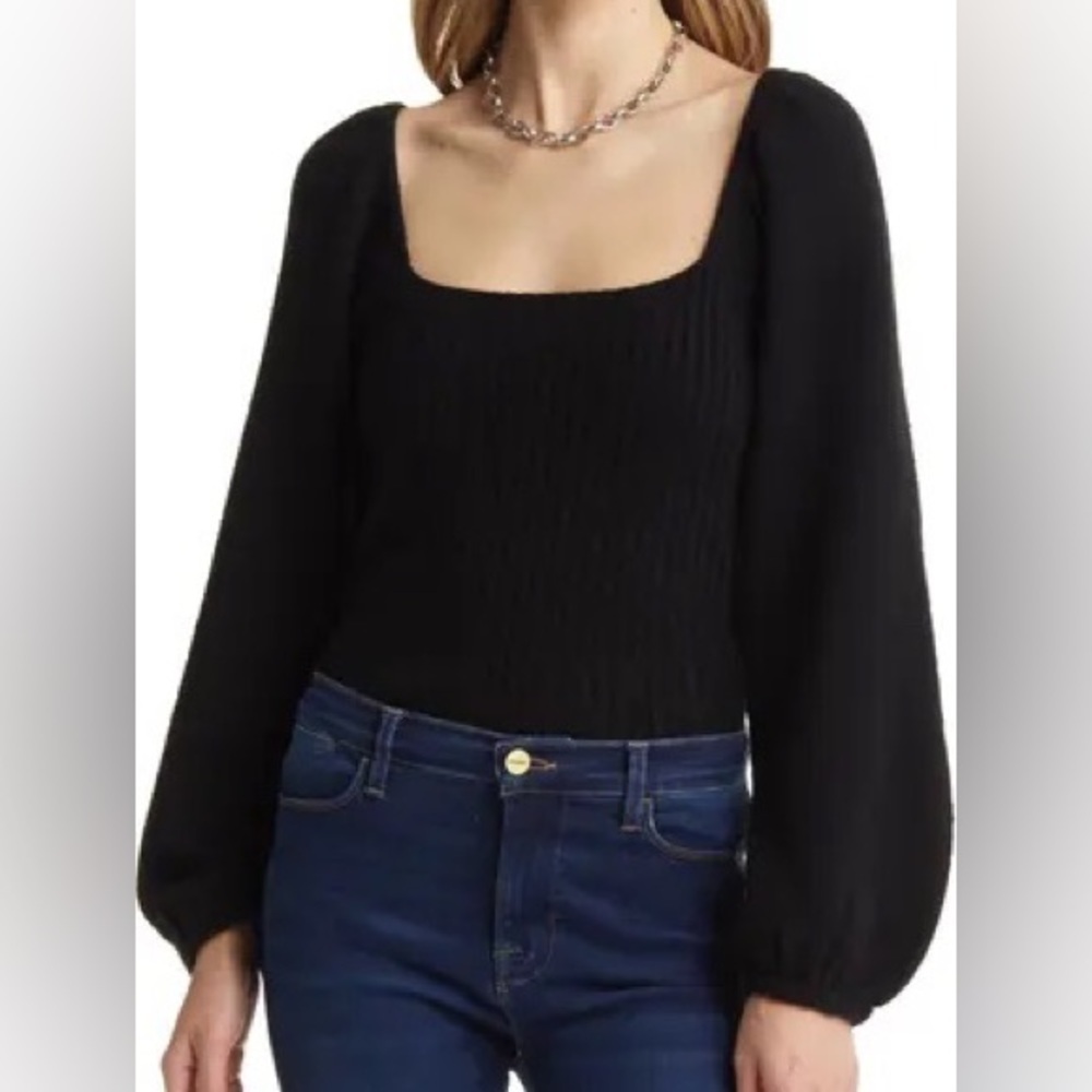 NWT Nordstrom Halogen Puff‎ Sleeve Square Neck Sweater Black Size Small Knit S